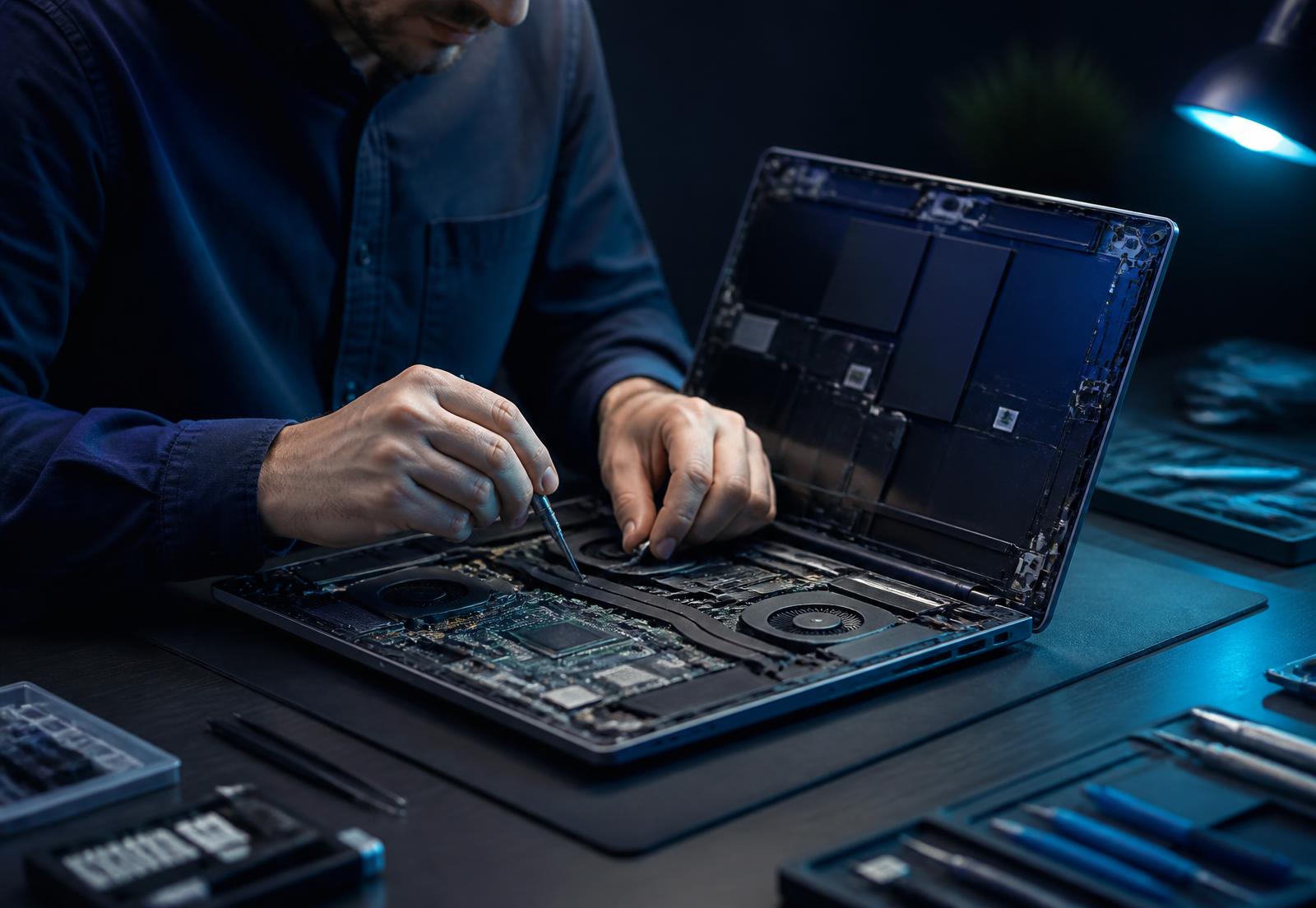Techniker repariert einen aufgeschraubten Laptop an der Werkbank